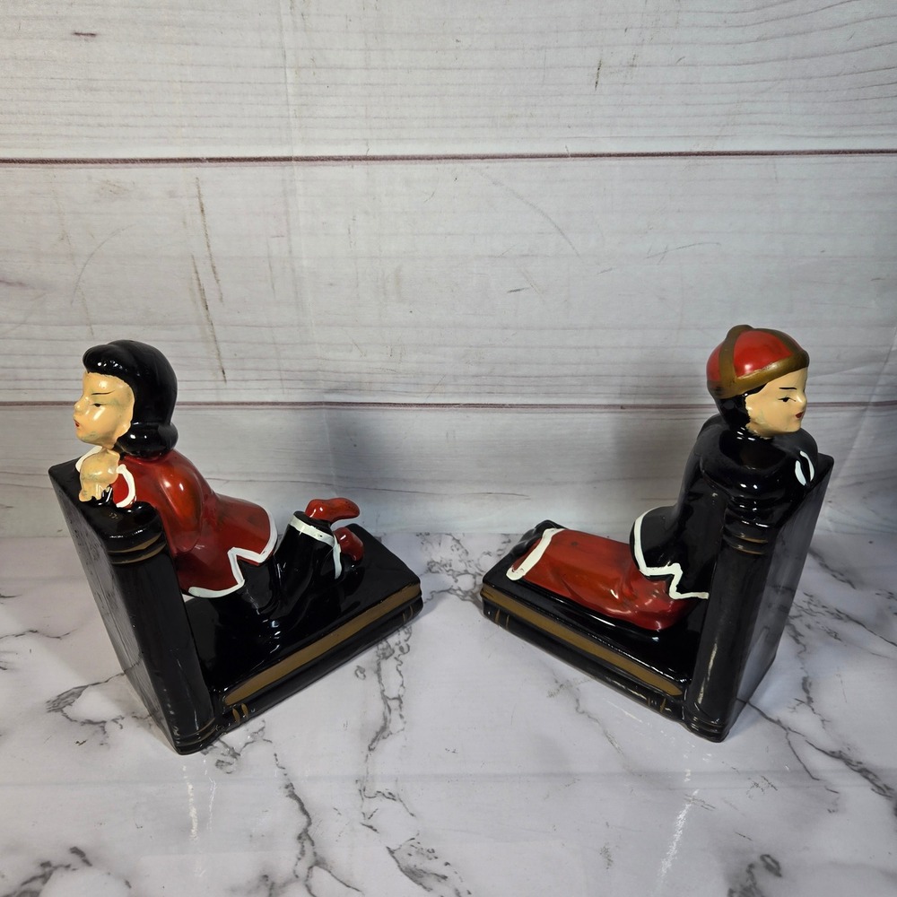 Asian Boy and Girl Bookends By Ucagco - Ceramic 1950's Mid-Century‎ Vintage